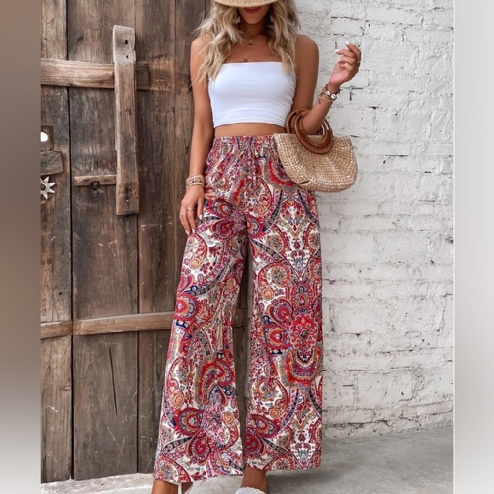 Paisley Print Wide Leg Pants Red